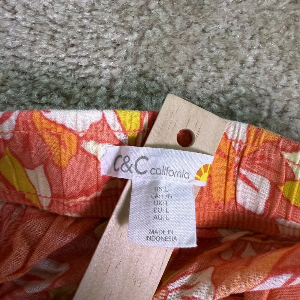 C&C California Linen Blend Sz L Wide Leg Cropped Colorful Floral Boho Pants E554 - Picture 3 of 11